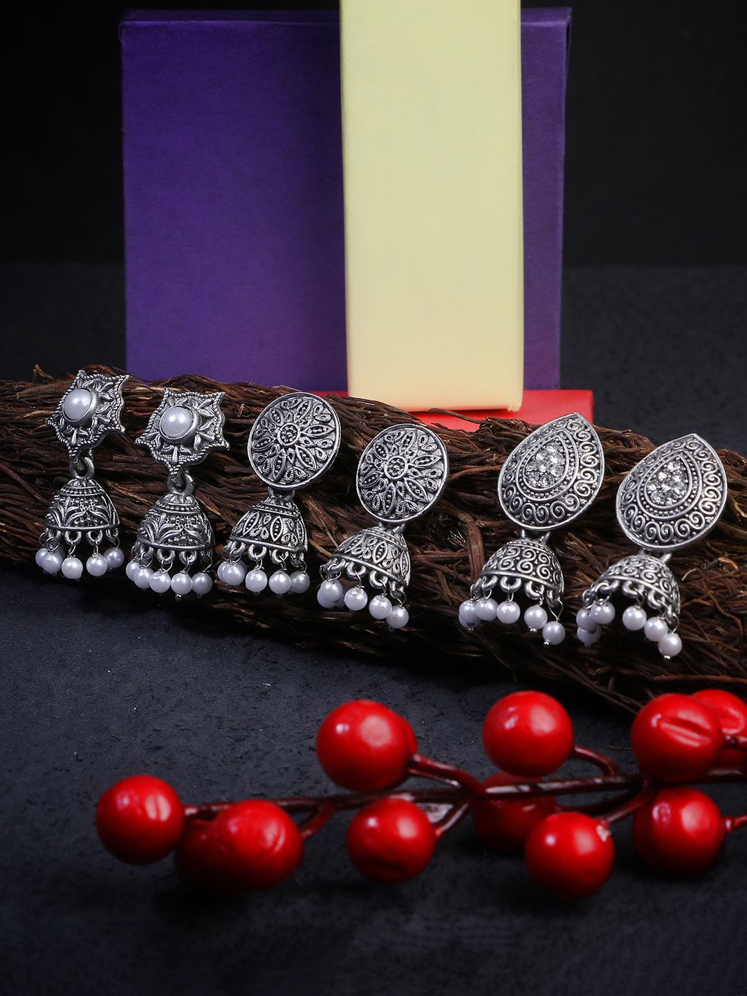 Sangria Set Of 3 Silver-Plated Artificial Stones Studded And Beaded Dome Shaped Jhumkas-image-25