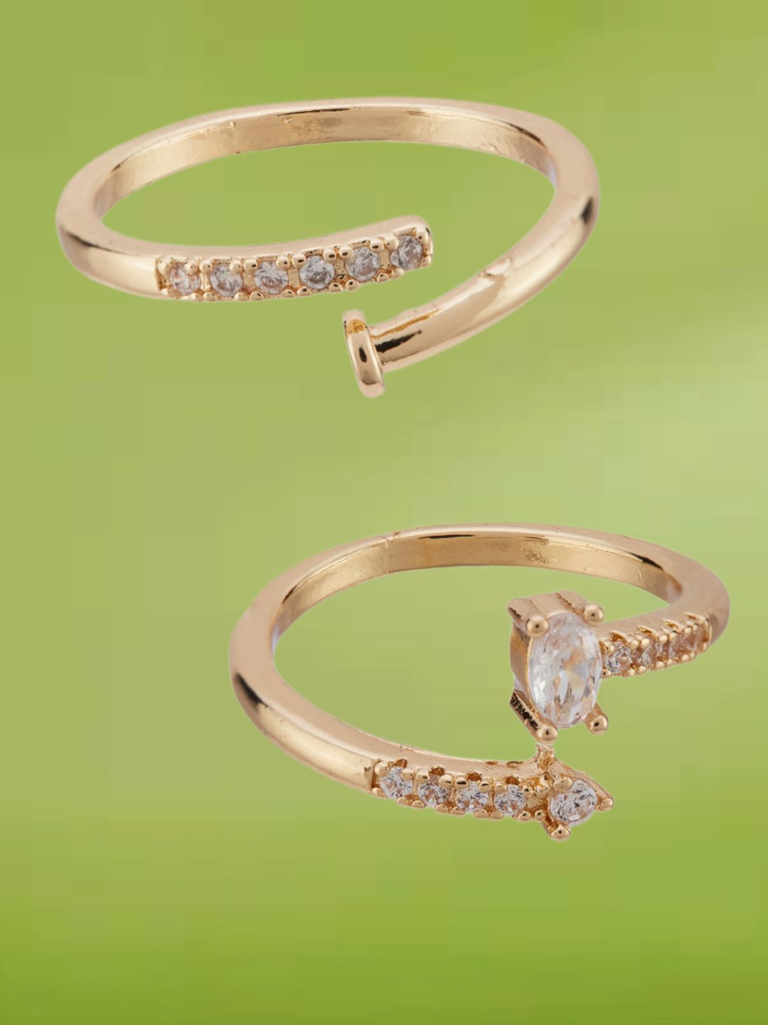 ATIBELLE Set Of 2 Gold-Plated Cubic Zirconia -Studded Adjustable Finger Rings