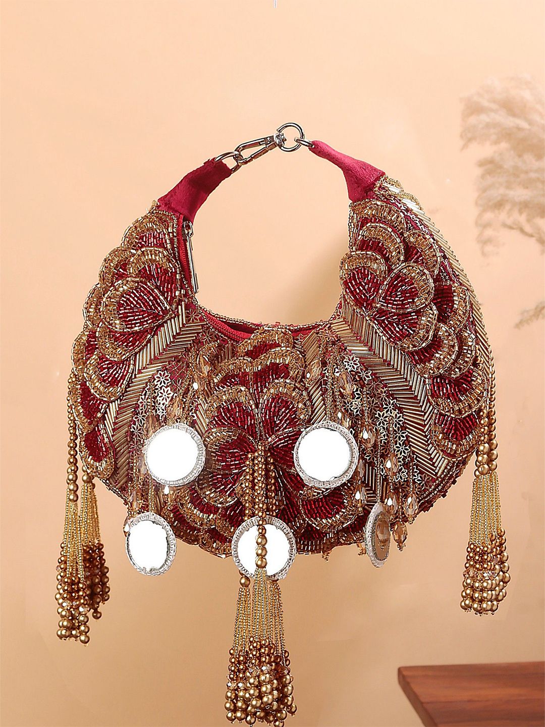 Swisni Embroidered Mirror Work Moon Shaped Suede Clutch-picture-1