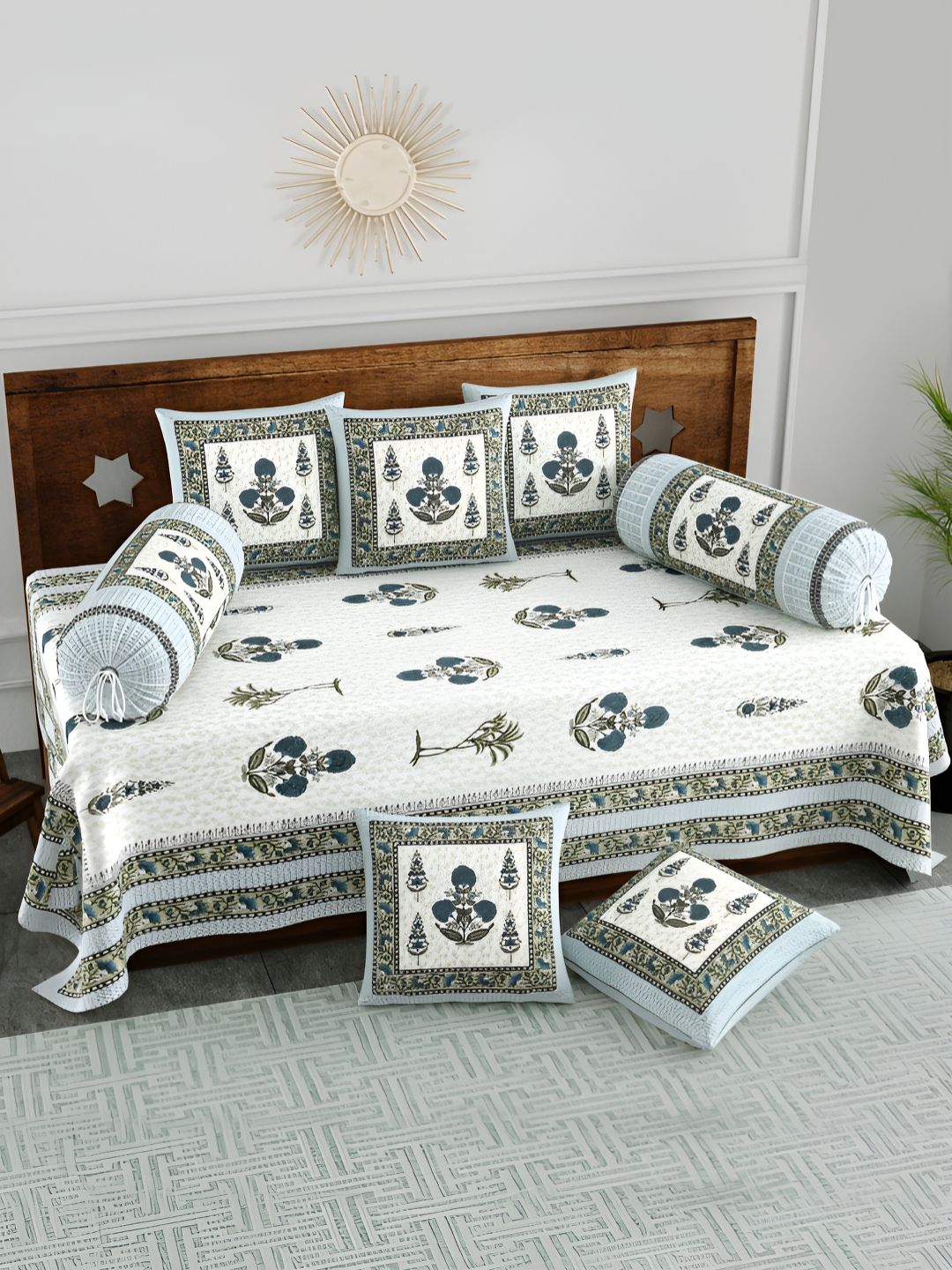 Myntra Elegant Homes 8-Pcs White & Green Floral Printed Cotton Diwan Set-picture-40