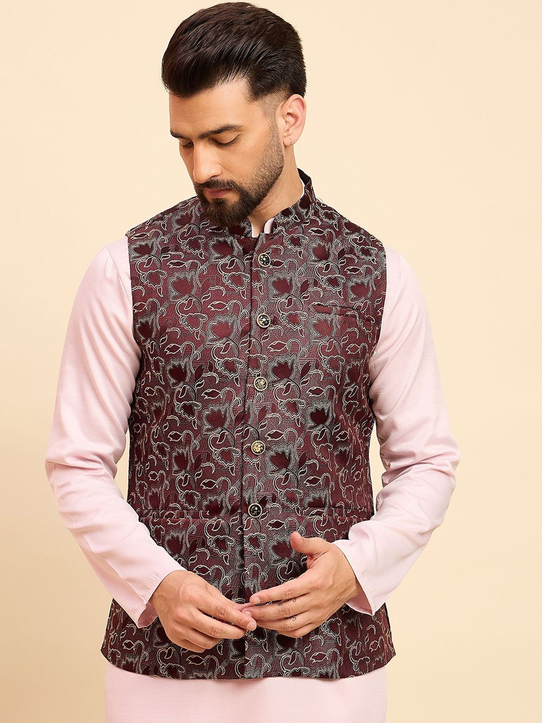 House of Pataudi Woven Design Mandarin Collar Nehru Jacket-picture-37