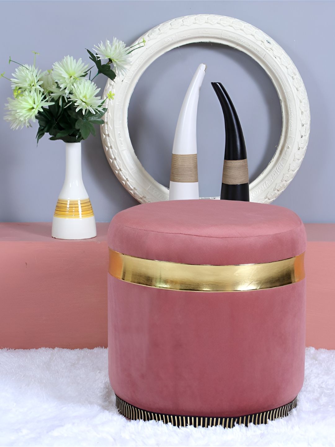 Shadowkart Pink Round Wooden & Velvet Pouffes Pedestal Ottoman-picture-25