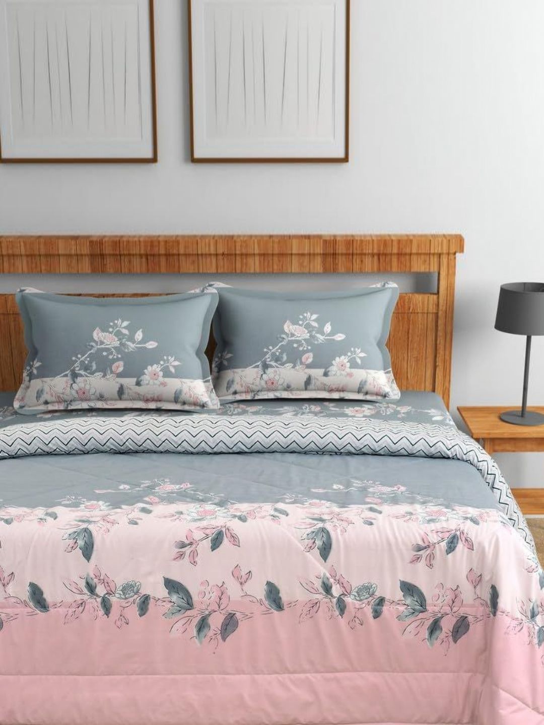 Florida Pink & Grey Set of 4 Floral AC Room Double Bed Comforter