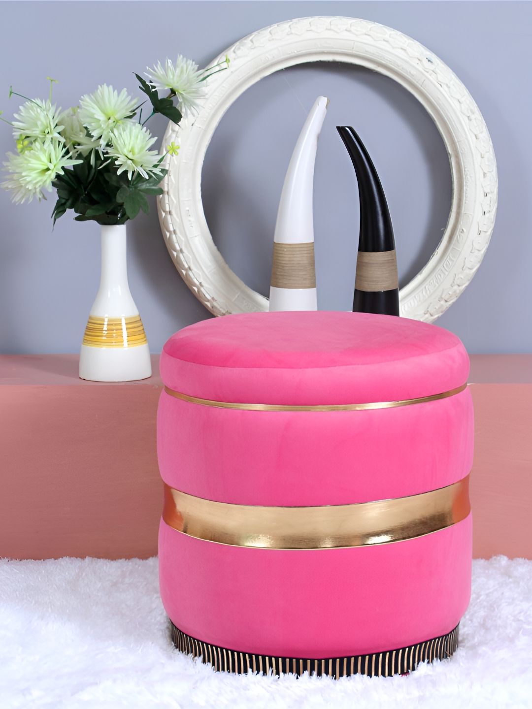 Shadowkart Pink Round Wooden & Velvet Pouffes Pedestal Ottoman-picture-24