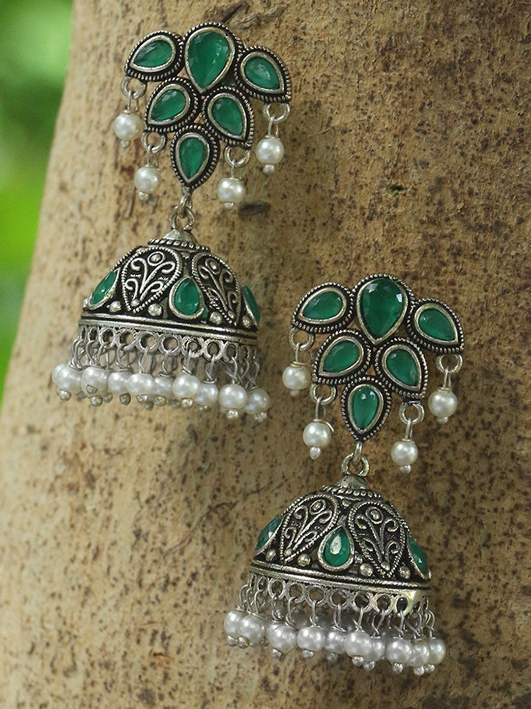 Sangria Silver-Plated Artificial Stones Studded & Pearls Beaded Dome Shaped Jhumkas-image-8