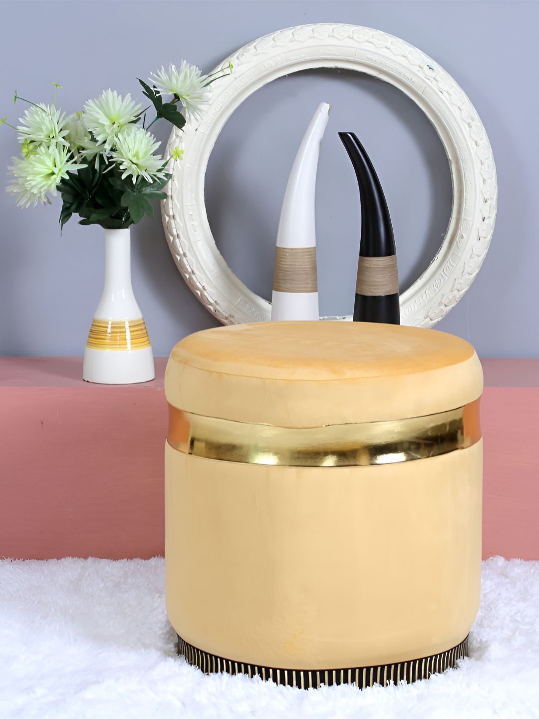 Shadowkart Yellow Round Wooden & Velvet Pouffes Pedestal Ottoman-picture-16