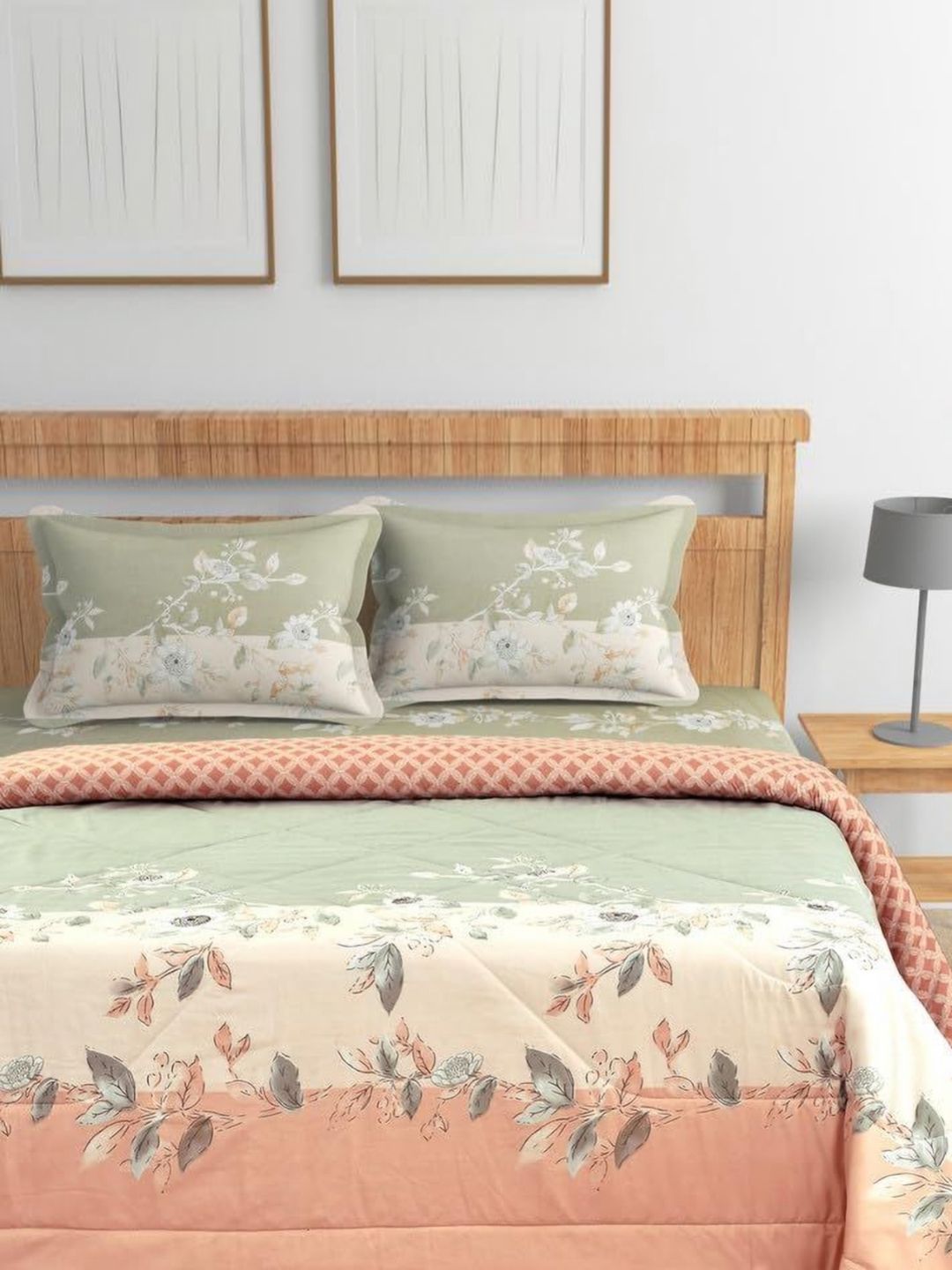 Florida Olive Green & Cream 4 Pieces Floral Printed 200 GSM AC Room King Bedding Set-image-31