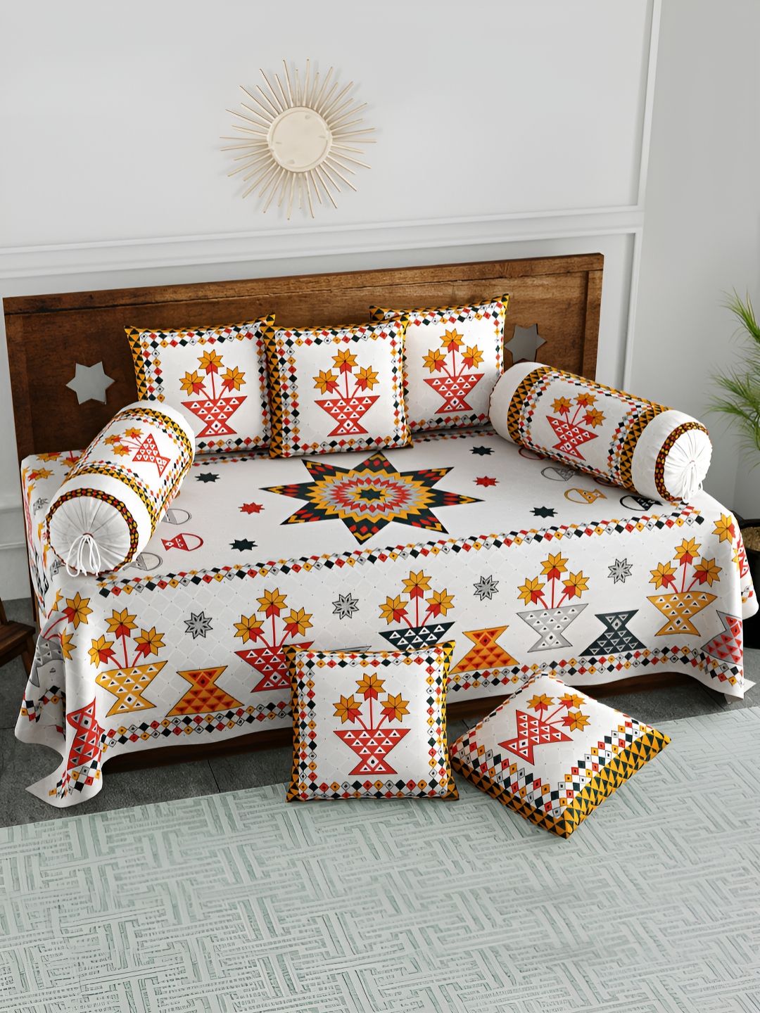 Myntra Elegant Homes 8-Pcs White & Peach-Colored Printed Cotton Diwan Set-picture-12