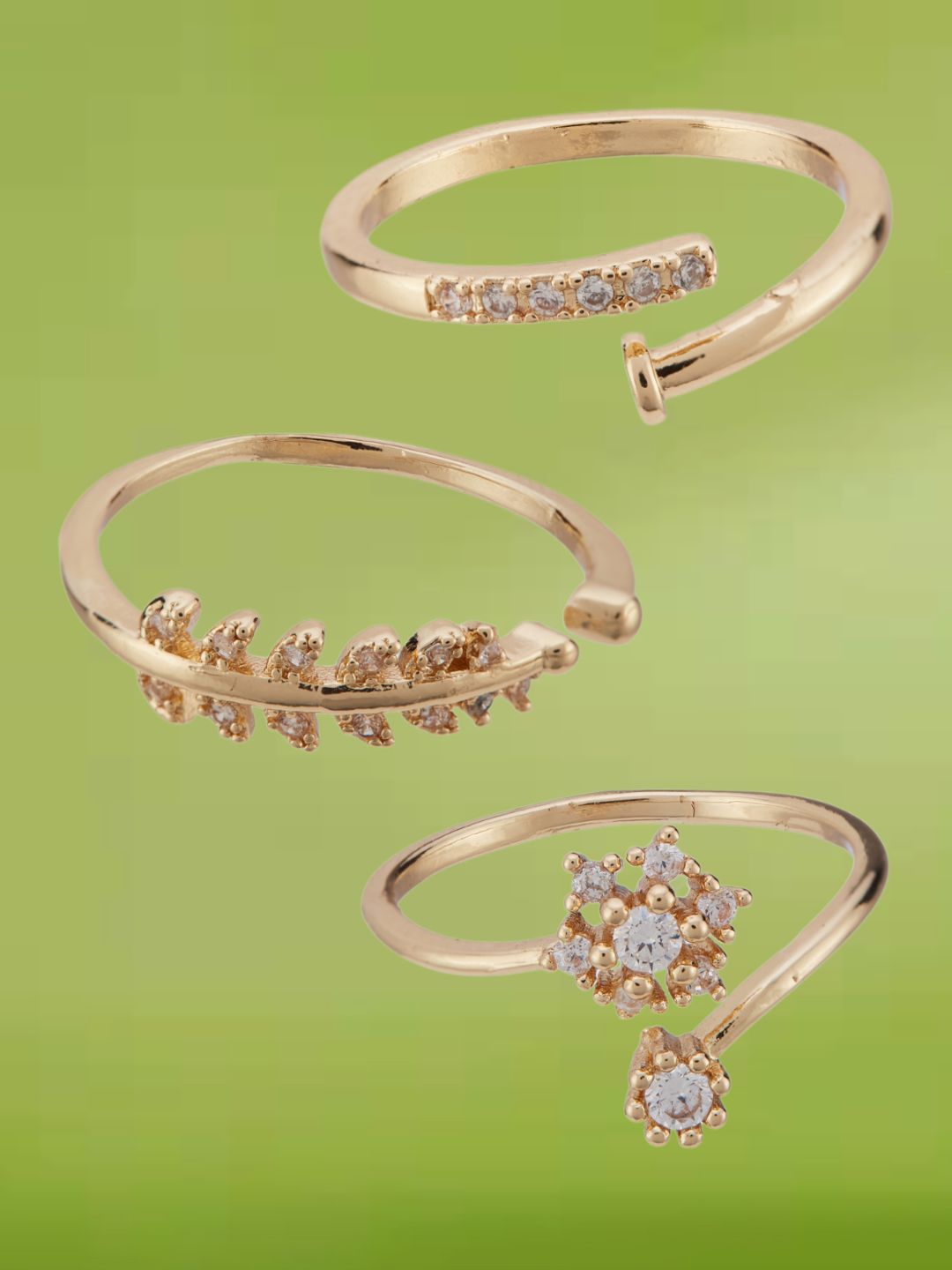 ATIBELLE Set Of 3 Gold-Plated Cubic Zirconia Studded Finger Ring