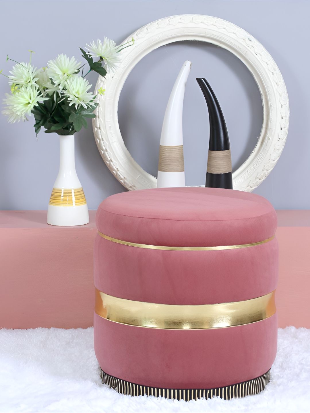 Shadowkart Rose & Gold-Toned Velvet Round Pouffes Ottomans Stool-image-47