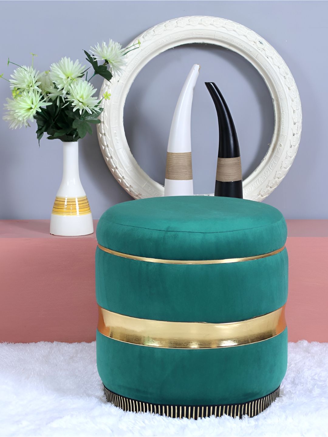 Shadowkart Green Round Wooden & Velvet Pouffes Pedestal Ottoman-picture-28