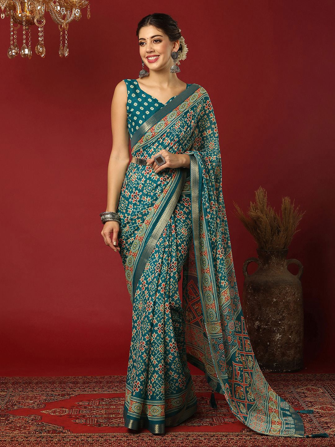 KALINI Ethnic Motifs Printed Woven Design Pure Georgette Patola Saree-image-38