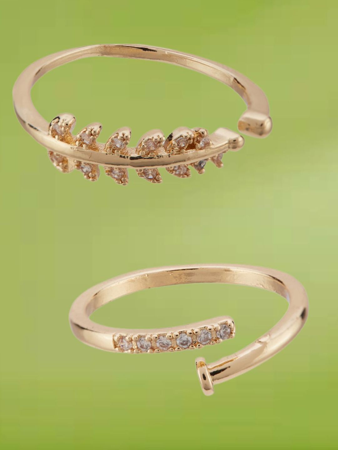 ATIBELLE Set Of 2 Gold-Plated Cubic Zirconia -Studded Adjustable Finger Rings