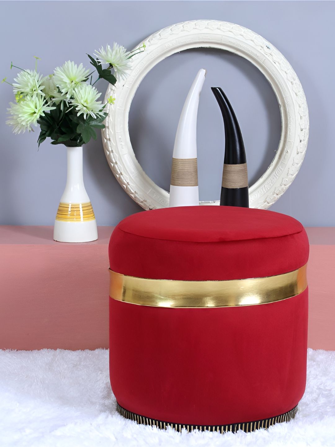 Shadowkart Red & Gold-Toned Velvet Round Pouffes Ottomans Stool-picture-20