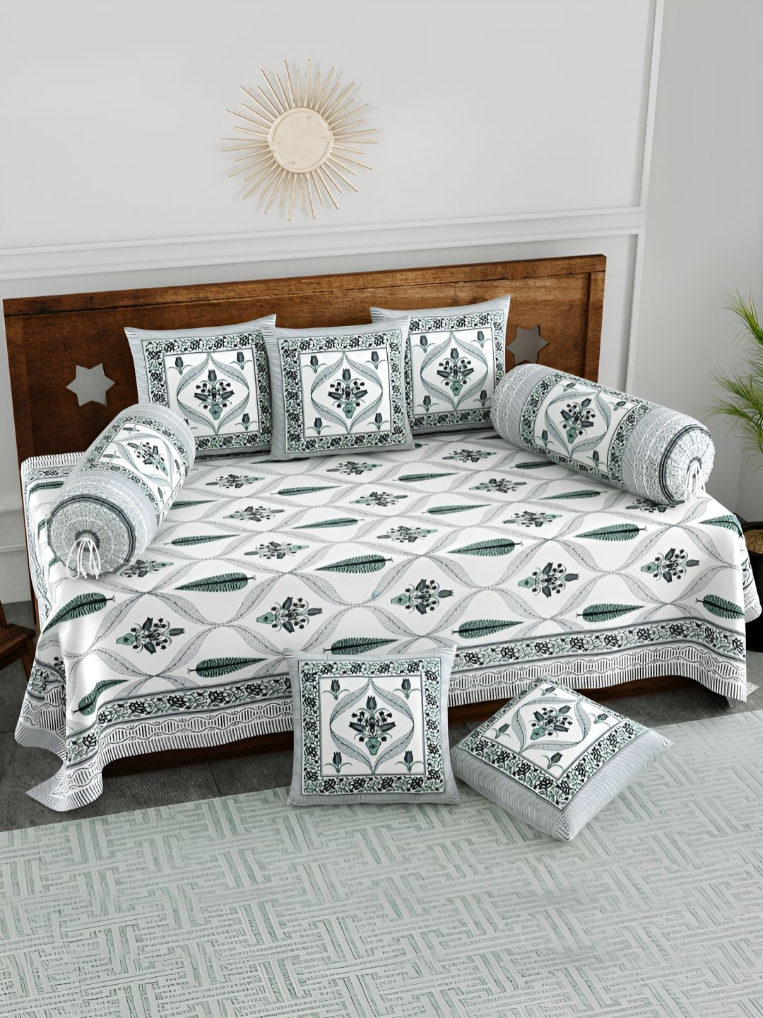 Myntra Elegant Homes 8-Pcs White & Green Printed Cotton Diwan Set-picture-26