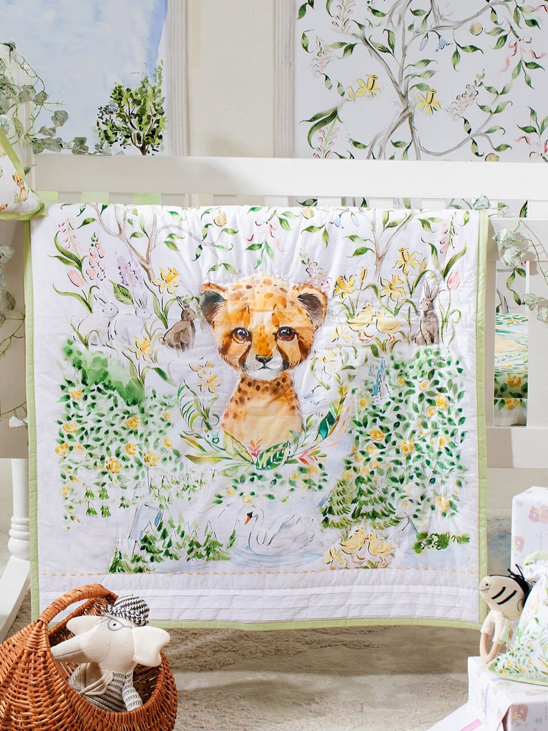 THE BABY TRUNK White & Green Little Leo Egyptian Cotton AC Room 450 GSM Single Bed Quilt-image-5