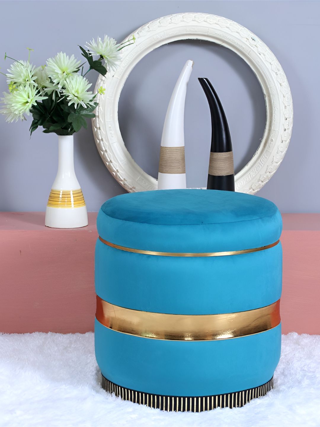 Shadowkart Blue & Gold-Toned Velvet Round Pouffes Ottomans Stool-picture-13