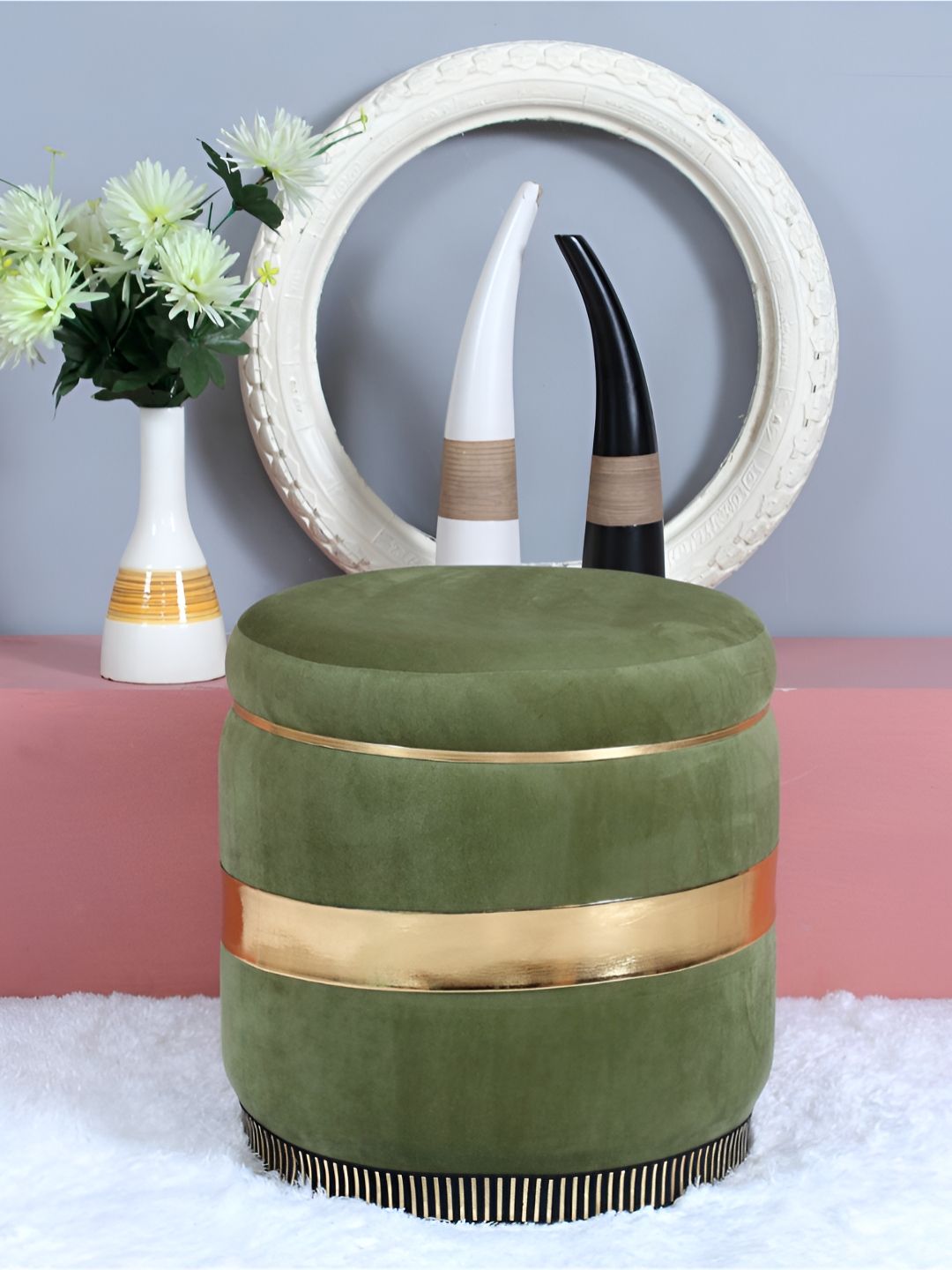 Shadowkart Green Round Wooden & Velvet Pouffes Pedestal Ottoman-picture-24