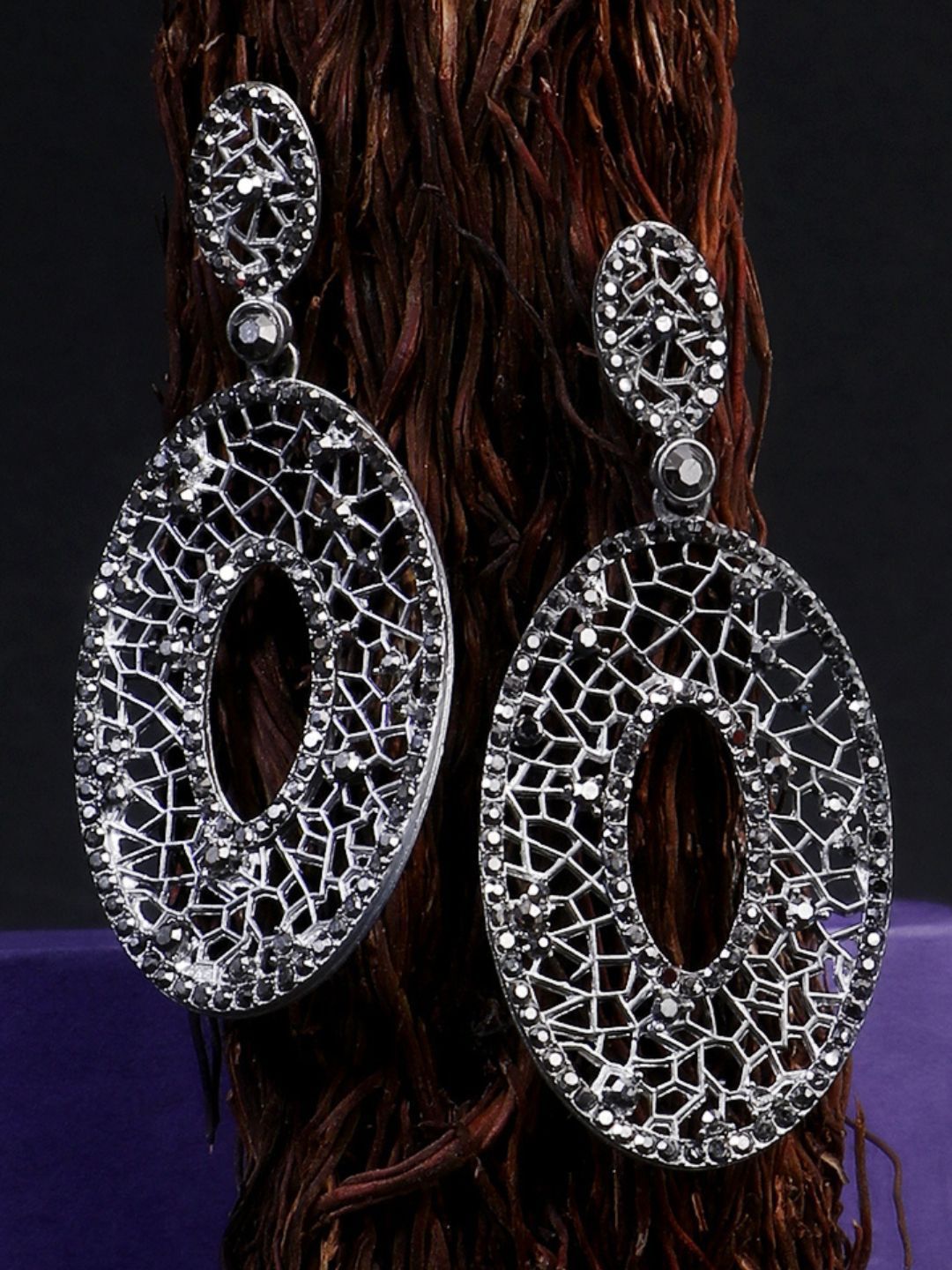 Sangria Silver-Plated Artificial Stone Studded Oval Shaped Oxidised Drop Earrings-image-27