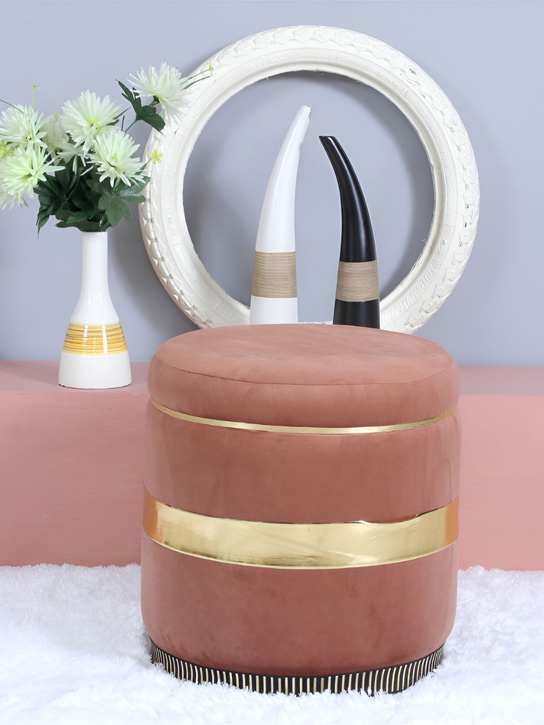 Shadowkart Brown & Gold-Toned Velvet Round Pouffes Ottomans Stool-picture-15