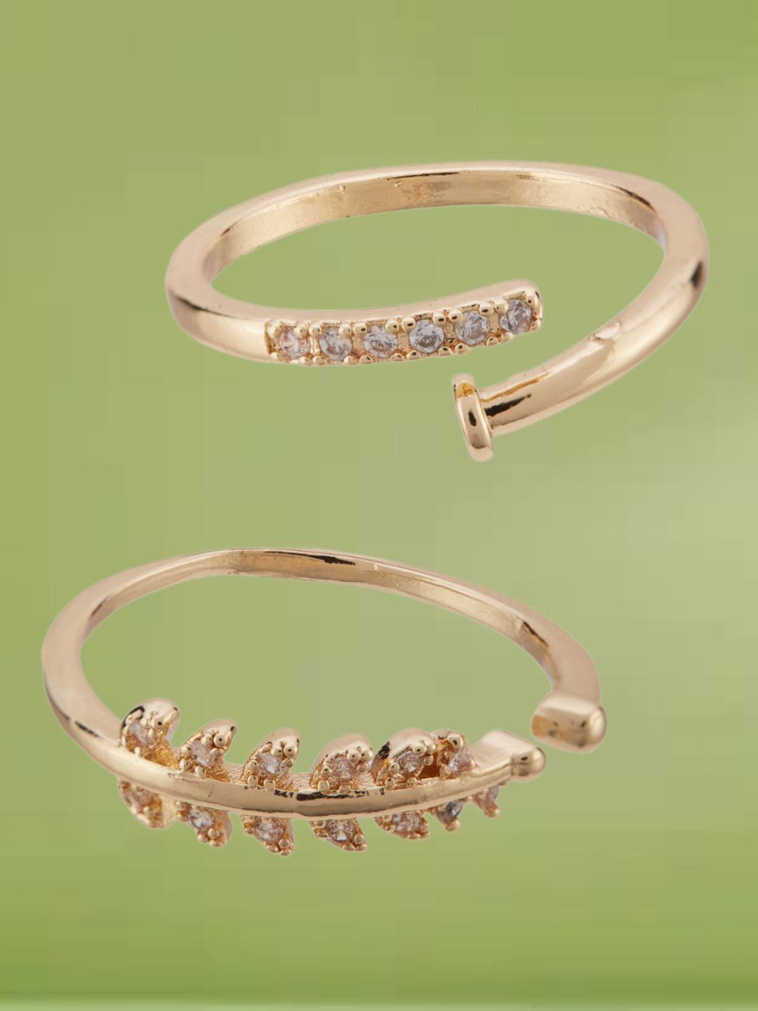 ATIBELLE Set Of 2 Gold-Plated Cubic Zirconia Stone-Studded Adjustable Finger Ring