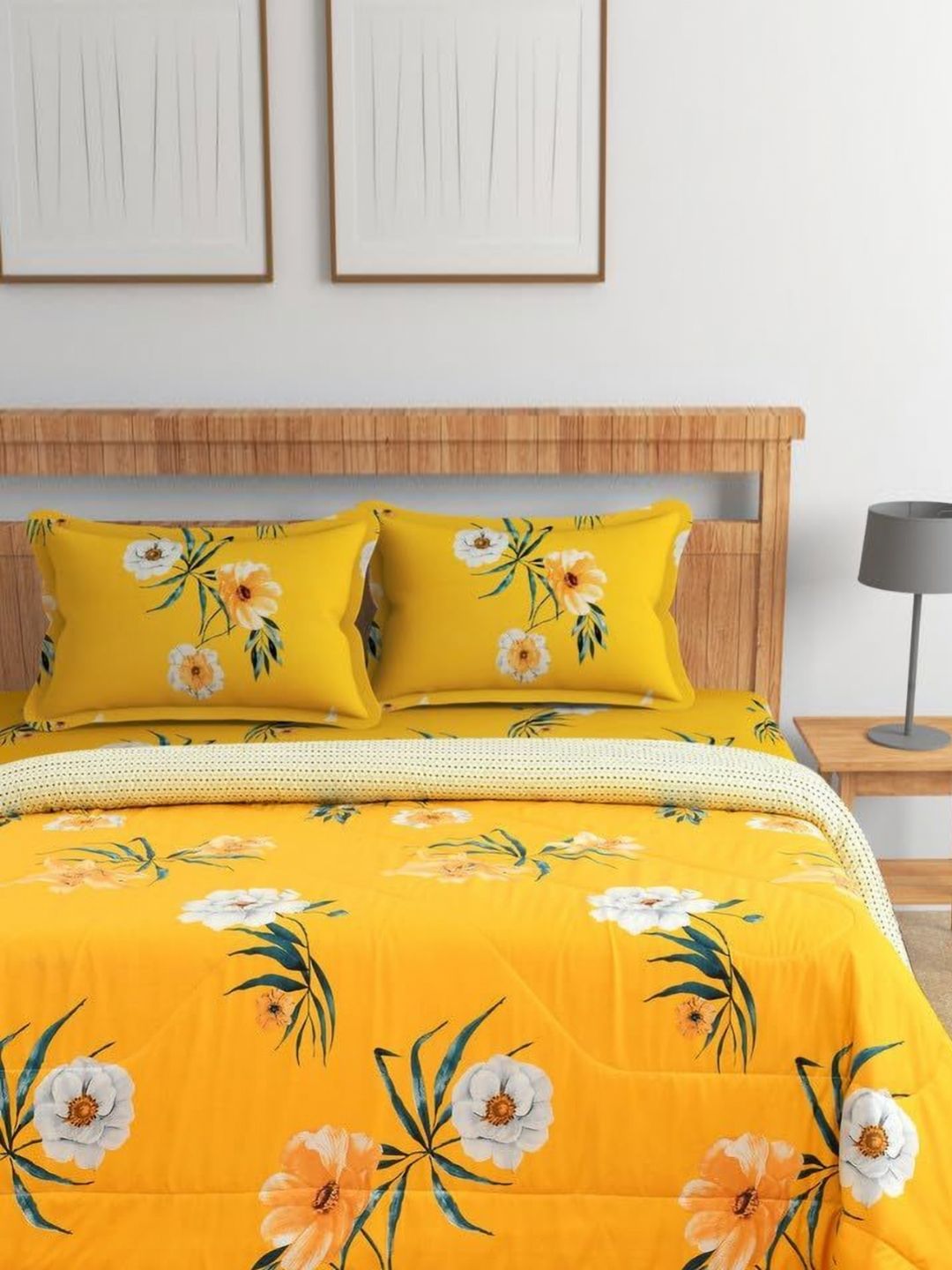 Florida Yellow & Green 4 Pieces Floral Printed 200 GSM AC Room King Bedding Set-image-23