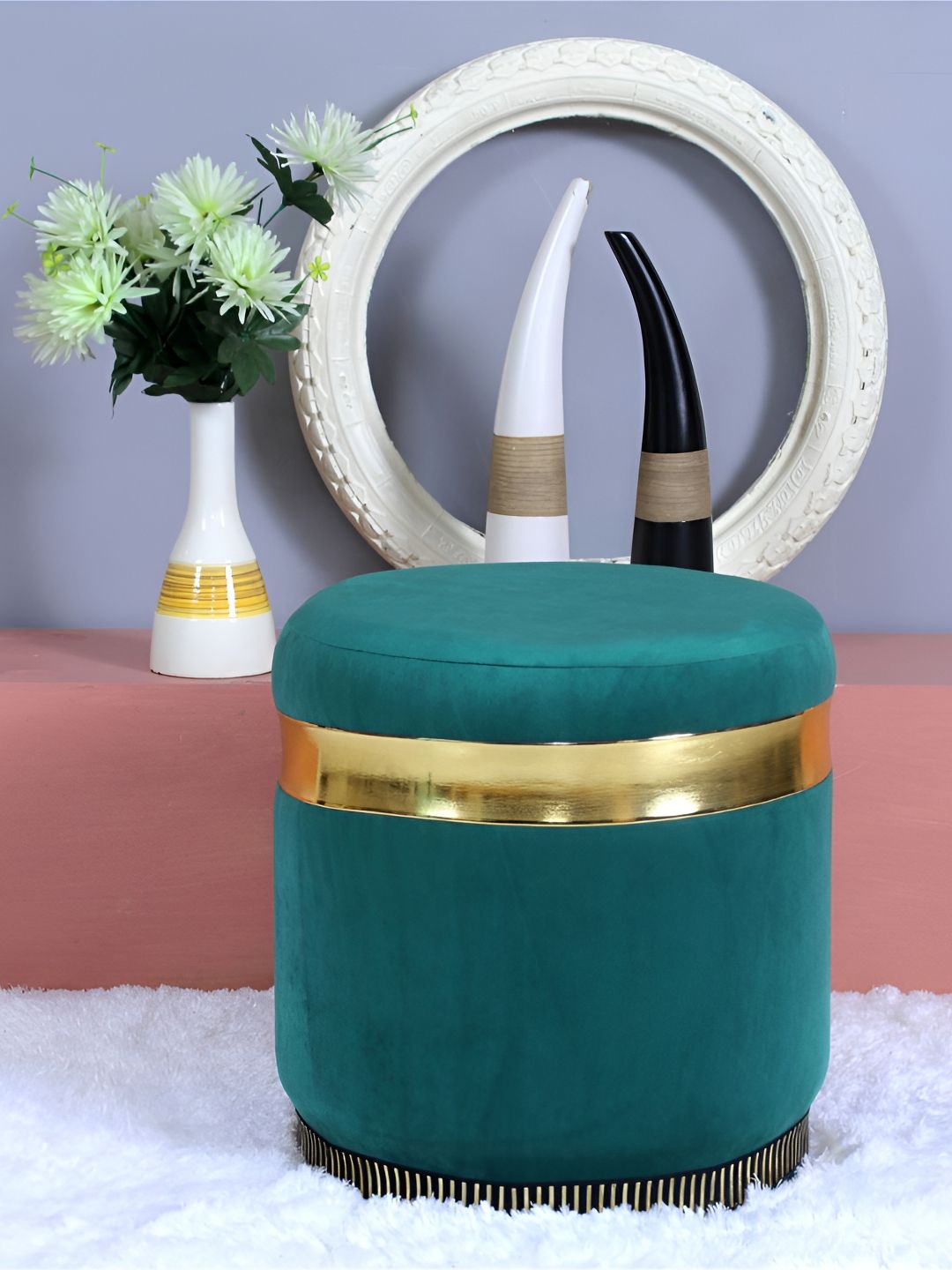 Shadowkart Green Round Wooden & Velvet Pouffes Pedestal Ottoman-picture-23