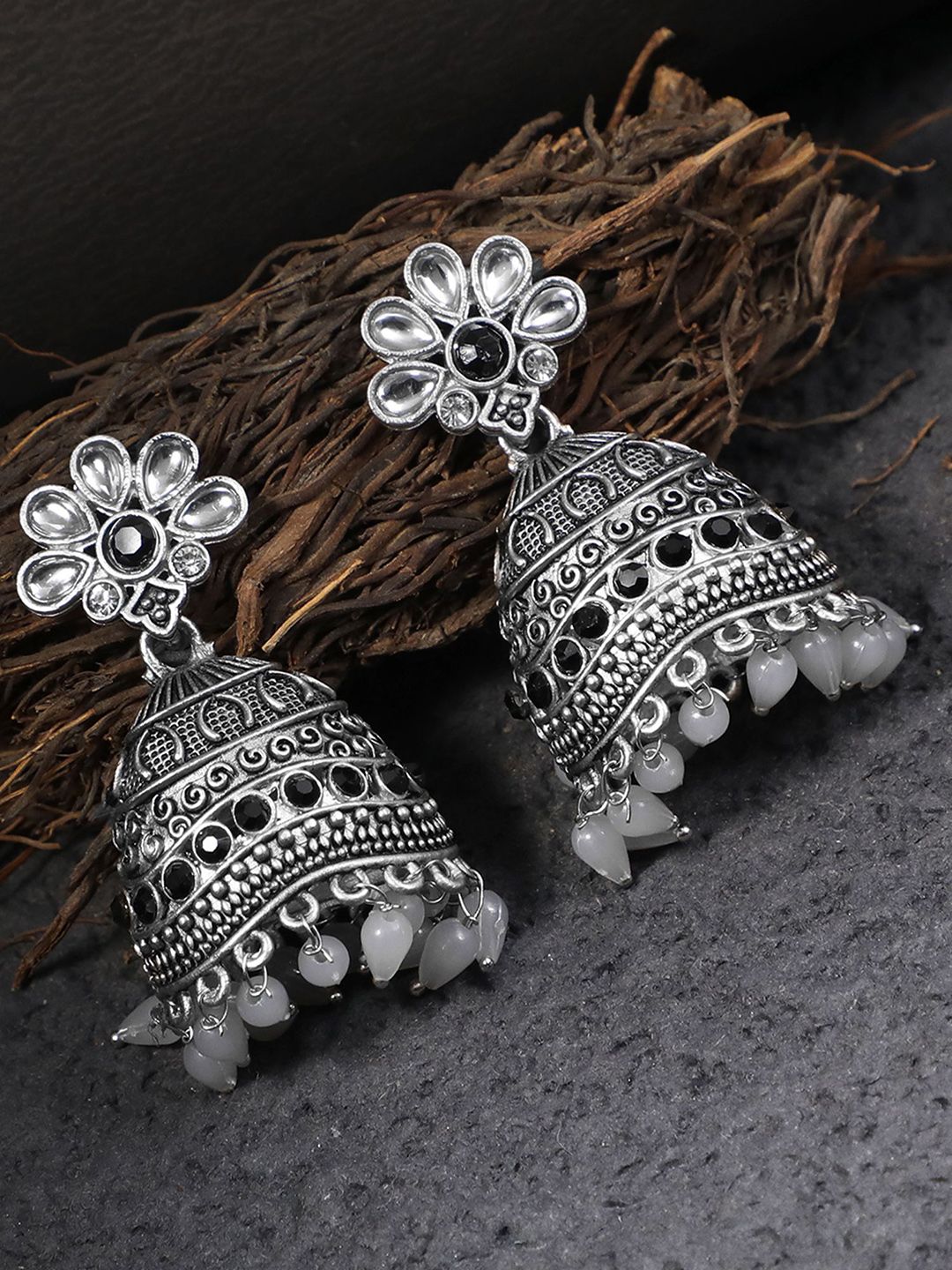 Sangria Silver-Plated Artificial Stones Studded & Beaded Dome Shaped Jhumkas-image-7