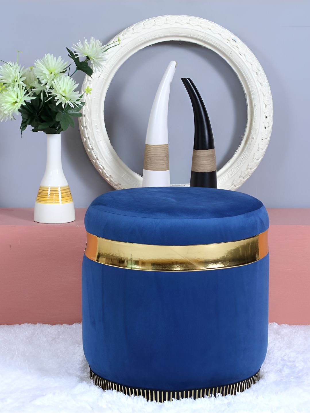 Shadowkart Blue & Gold-Toned Velvet Round Pouffes Ottomans Stool-picture-12