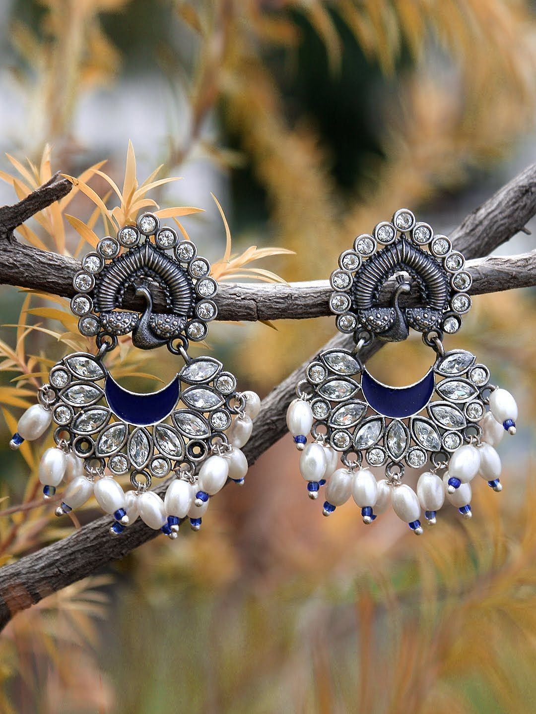 Sangria Silver-Plated Stone Studded & Beaded Oxidised Peacock Shaped Drop Earrings-picture-16