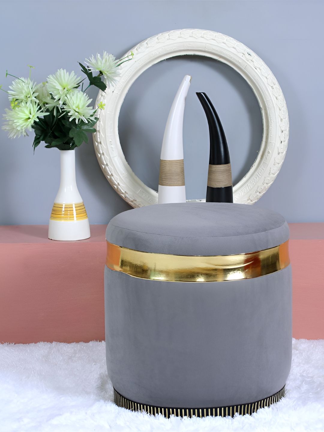 Shadowkart Grey & Gold-Toned Velvet Round Pouffes Ottomans Stool-picture-32