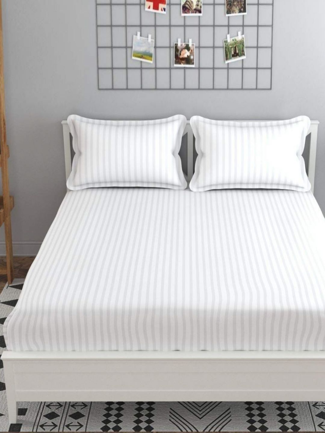 Bajo's White Striped 300 TC Queen Bedsheet with 2 Pillow Covers-picture-24