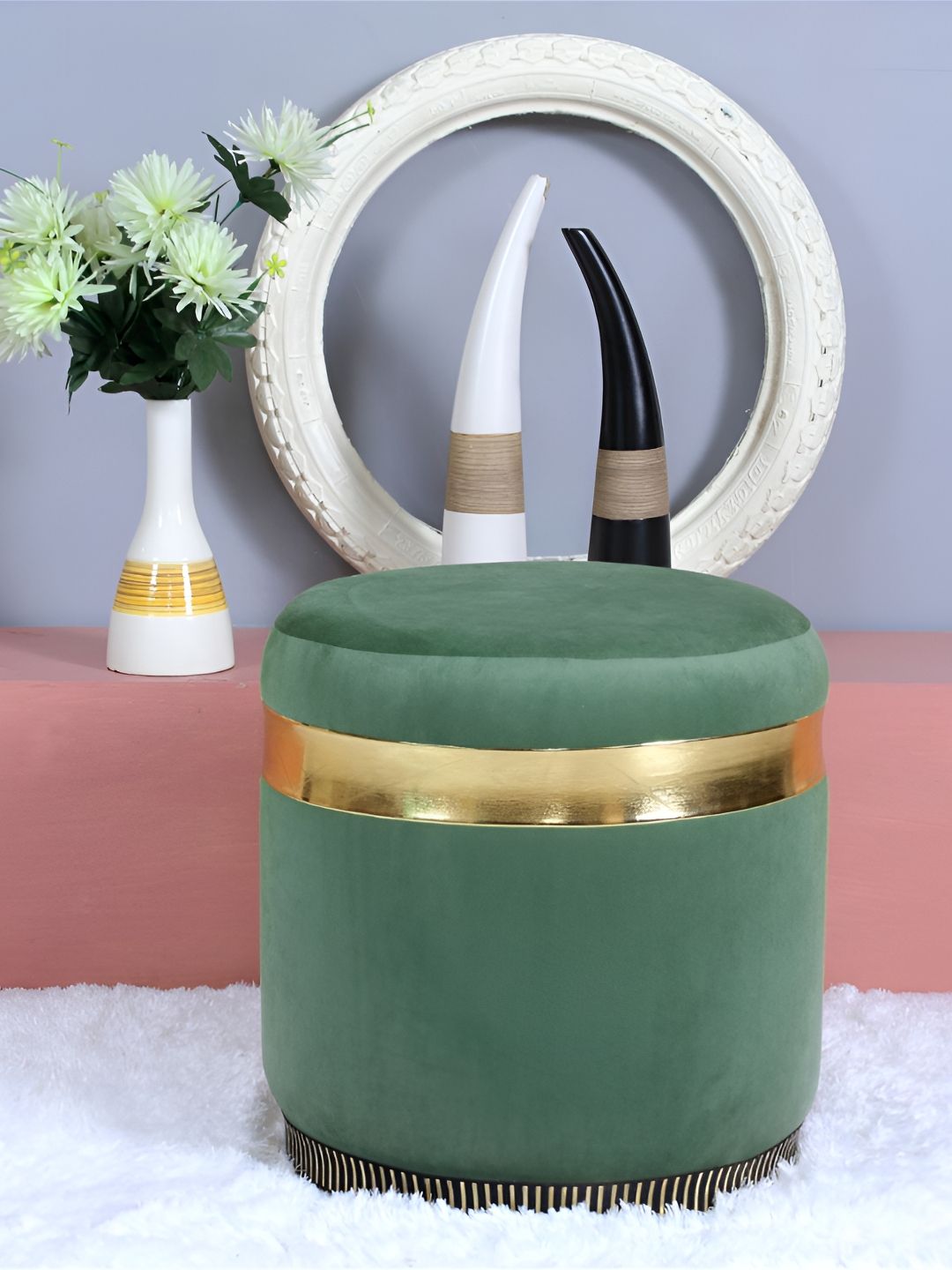 Shadowkart Green Round Wooden & Velvet Pouffes Pedestal Ottoman-picture-27