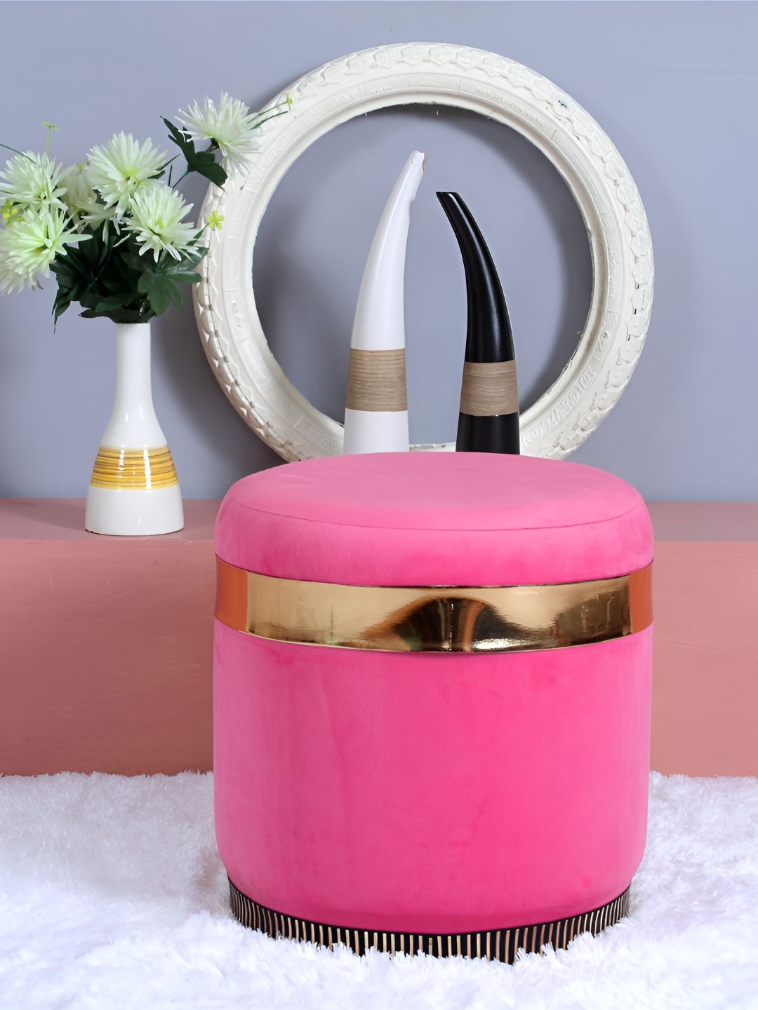 Shadowkart Pink & Gold-Toned Velvet Round Pouffes Ottomans Stool-picture-35