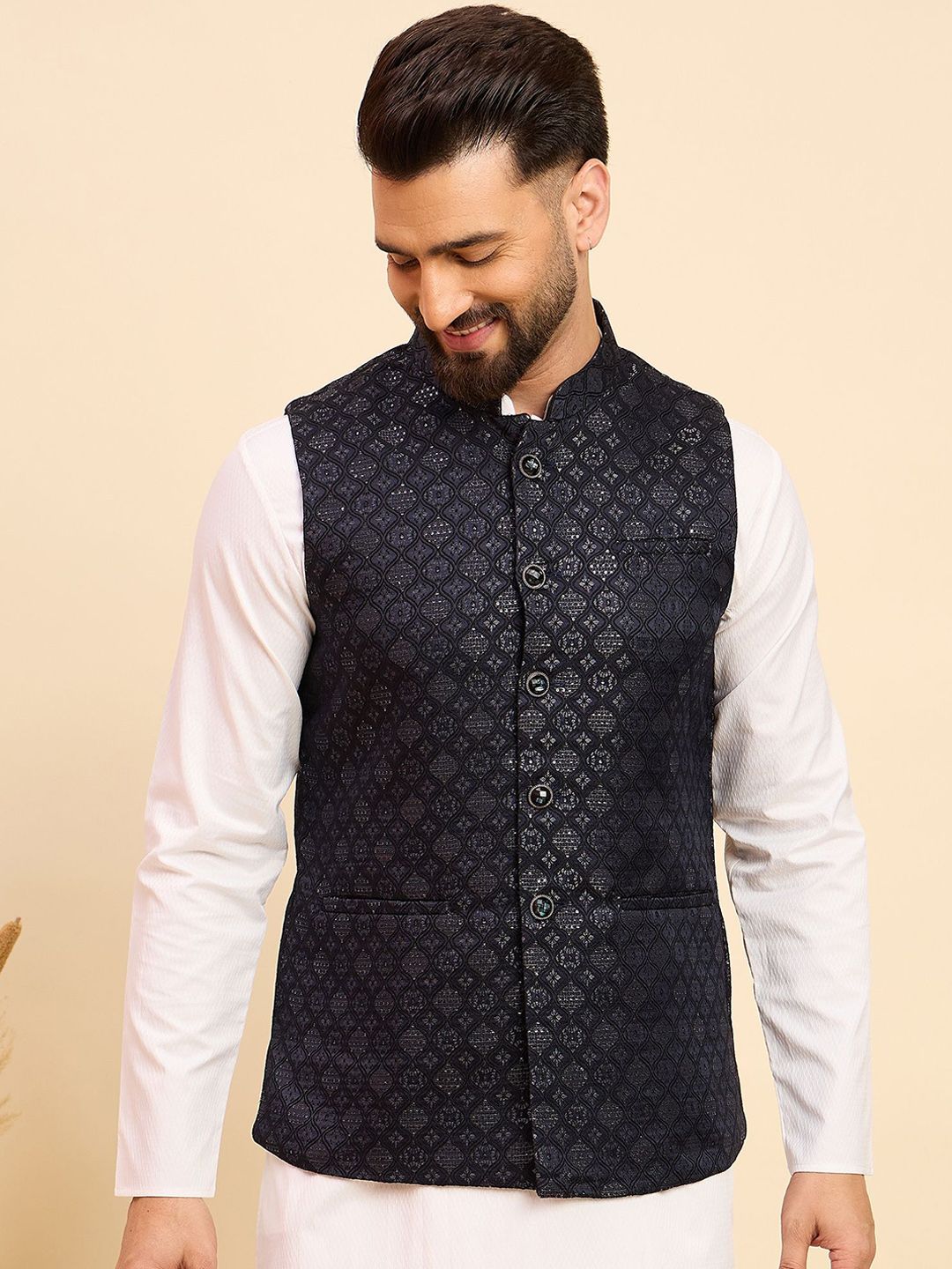 House of Pataudi Woven Design Mandarin Collar Nehru Jacket-picture-41