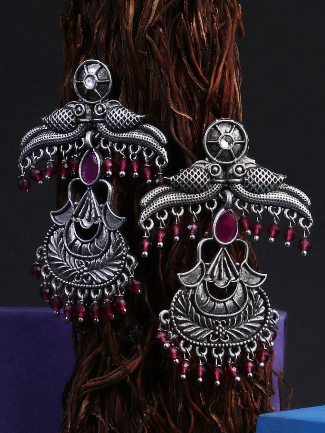 Sangria Silver-Plated Stones Studded & Beaded Peacock Shaped Oxidised Drop Earrings-picture-20
