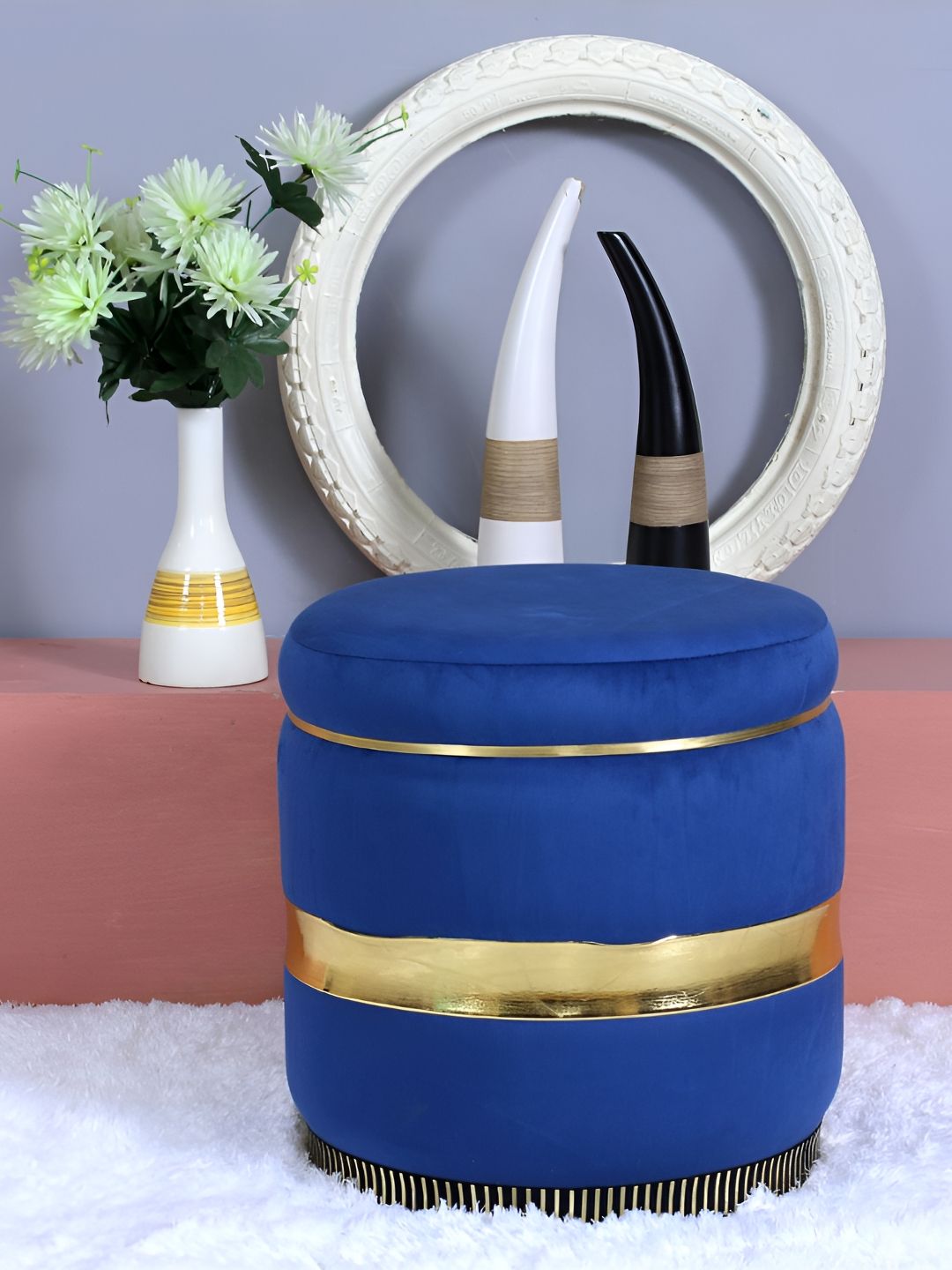 Shadowkart Blue Round Wooden & Velvet Pouffes Pedestal Ottoman-picture-22