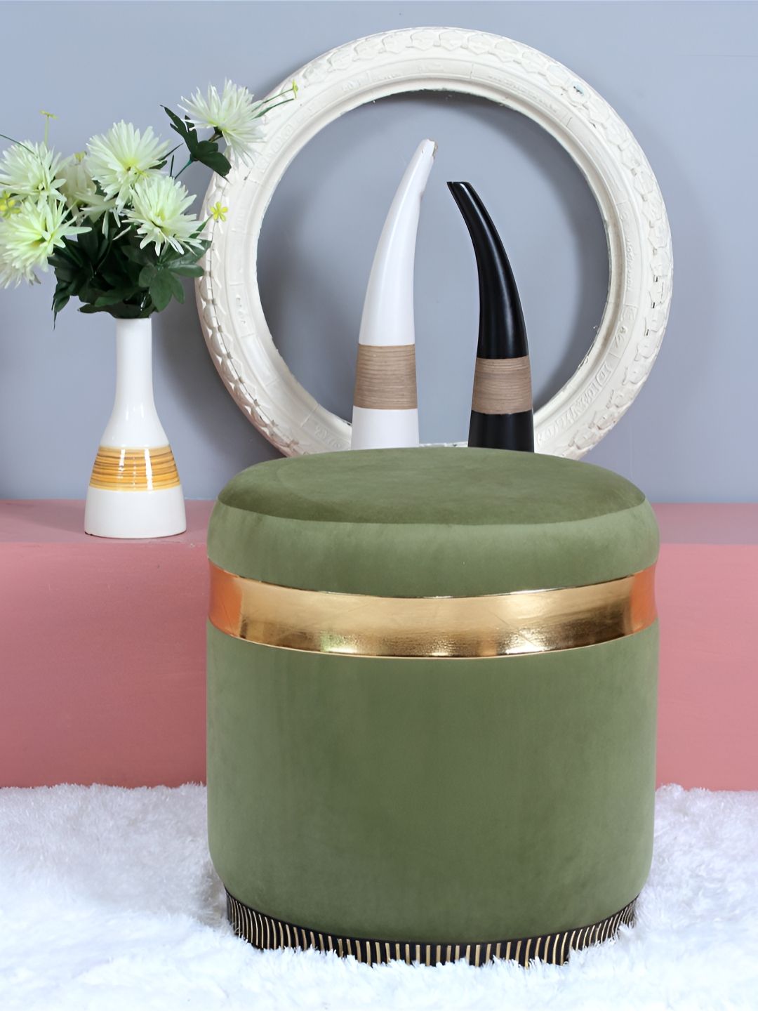 Shadowkart Green Round Wooden & Velvet Pouffes Pedestal Ottoman-picture-26