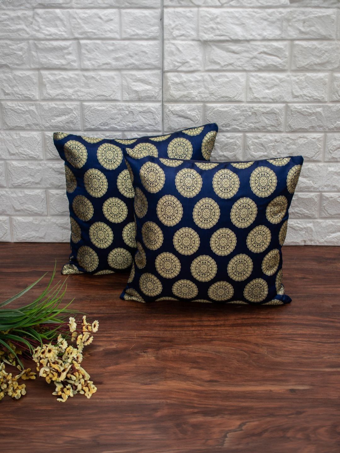 RoyalDeco Navy Blue & Gold-Toned Set of 2 Ethnic Motifs Square Cushion Covers-picture-15
