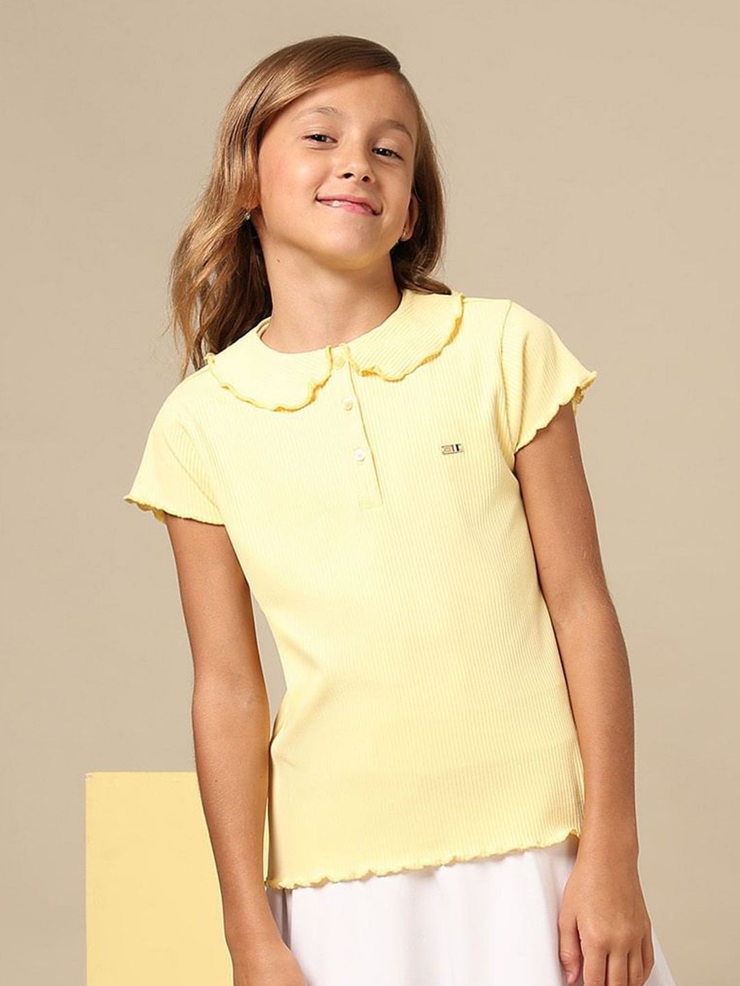 U.S. Polo Assn. Kids Girls Self Design Pure Cotton Relaxed Fit Lettuce Edge T-Shirt-picture-20