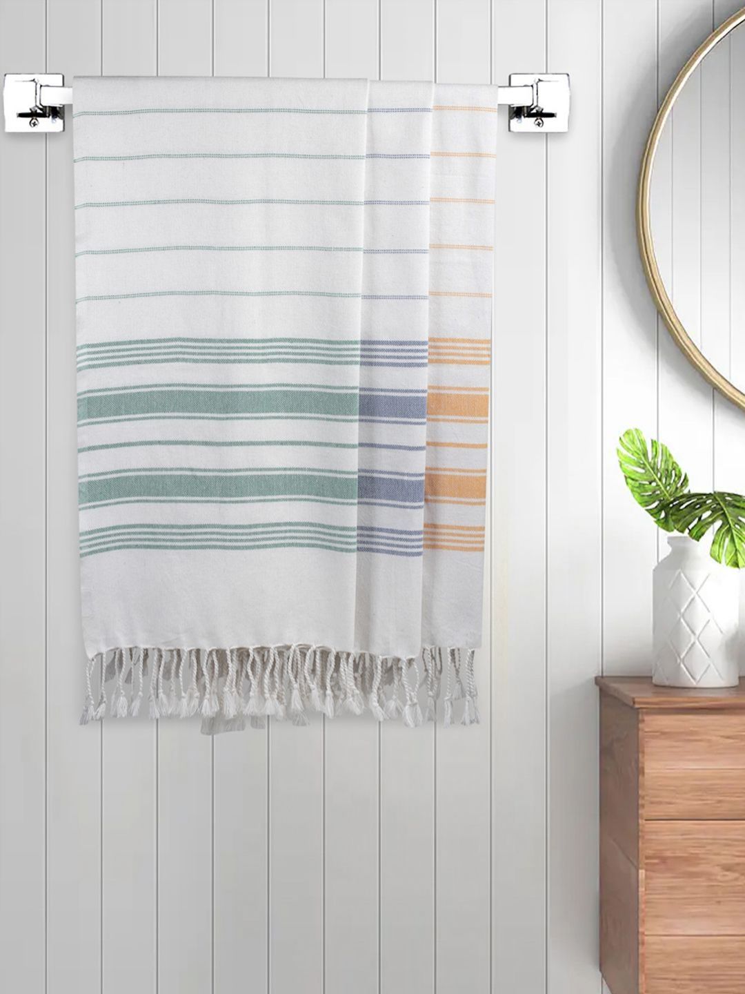 Myntra Elegant Homes White & Green 3 Pieces Striped Cotton 225 GSM Bath Towel-image-44