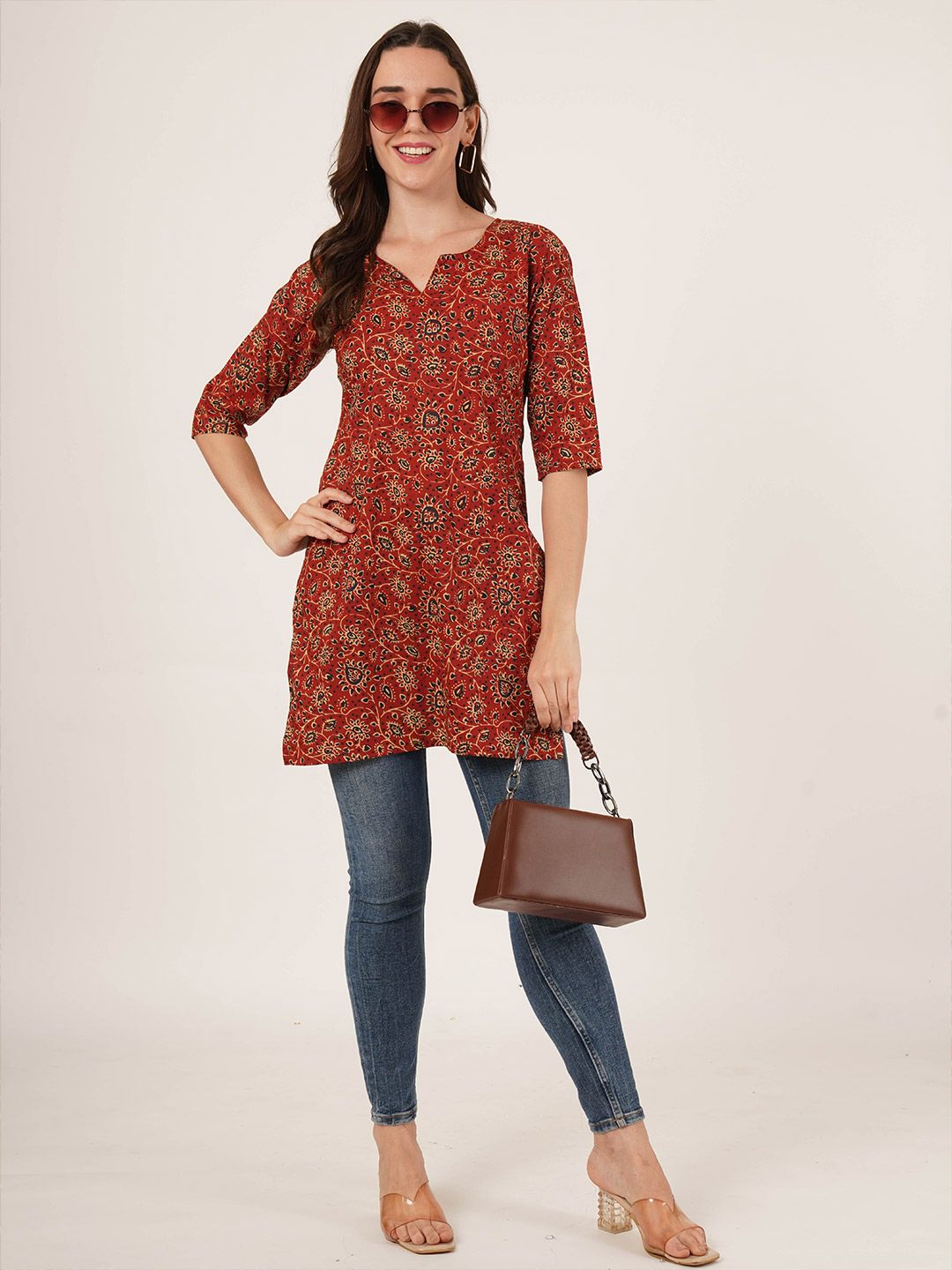 Brownverse Women Ethnic Motifs Printed V-Neck Pure Cotton Kurti-picture-54