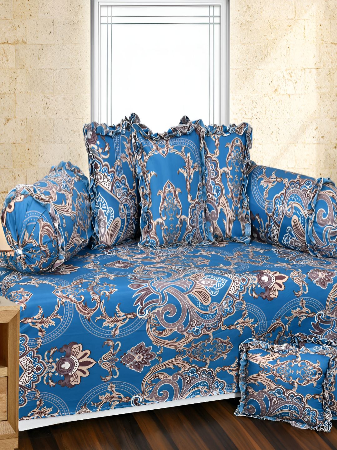 Luxmi Cotton Fabrics Set Of 8 Blue Ethnic Printed Bedsheet With Bolster & Cushion Covers-picture-30