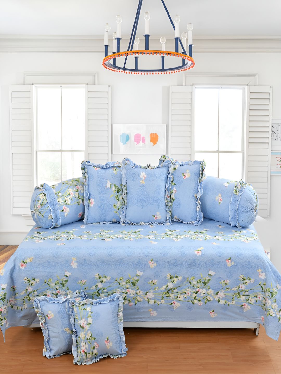 Luxmi Cotton Fabrics Set Of 8Blue & White Ethnic-Printed Polycotton Diwan Set