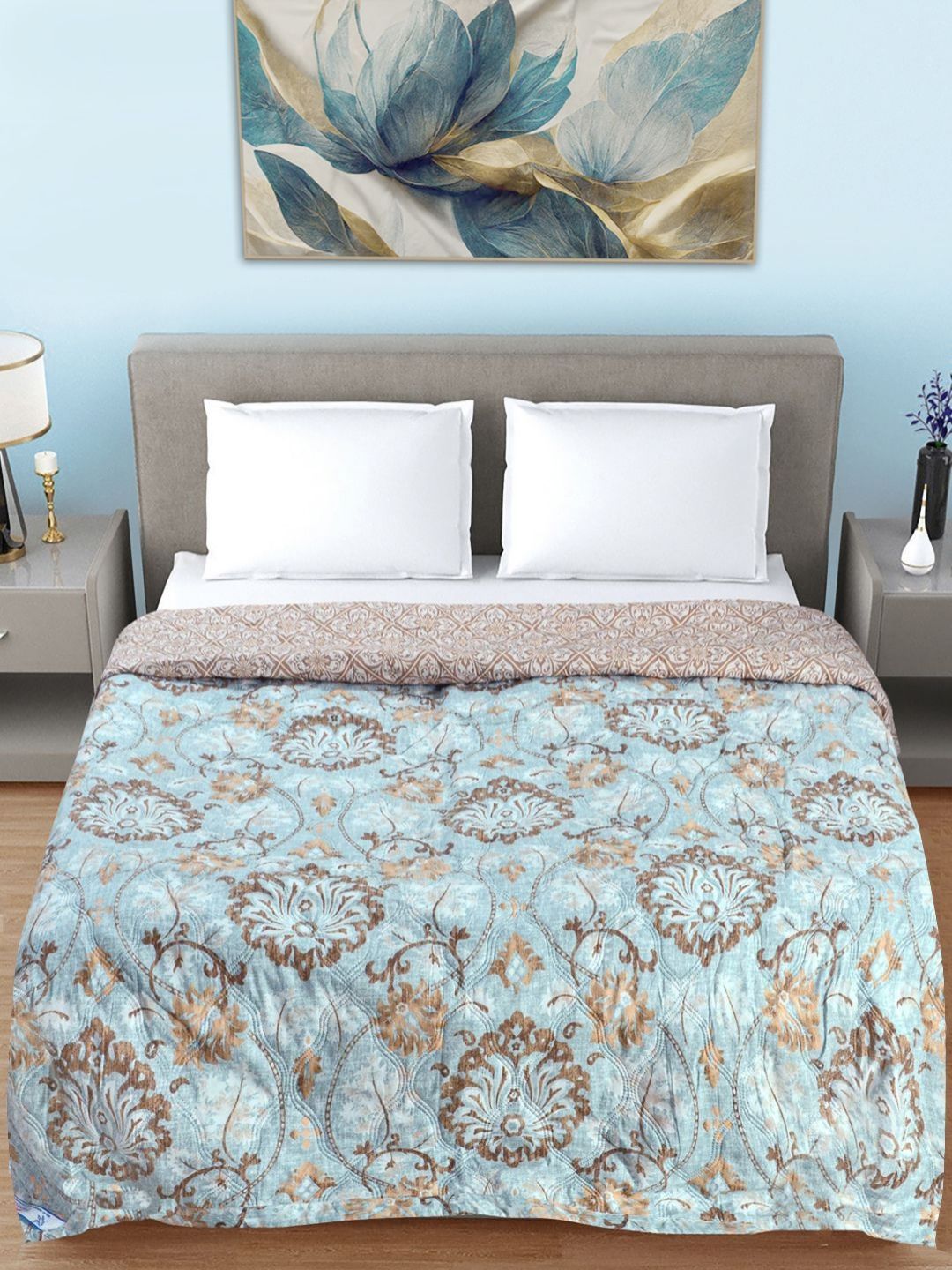 Myntra Elegant Homes Blue & Brown Floral AC Room 350 GSM Double Bed Comforter-image-38