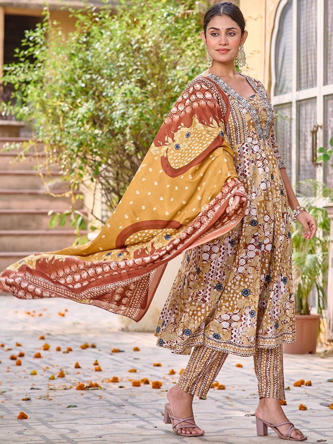 Floral Printed Pure Cotton Maroon Kurta With Trousers And Mulmul Dupatta
