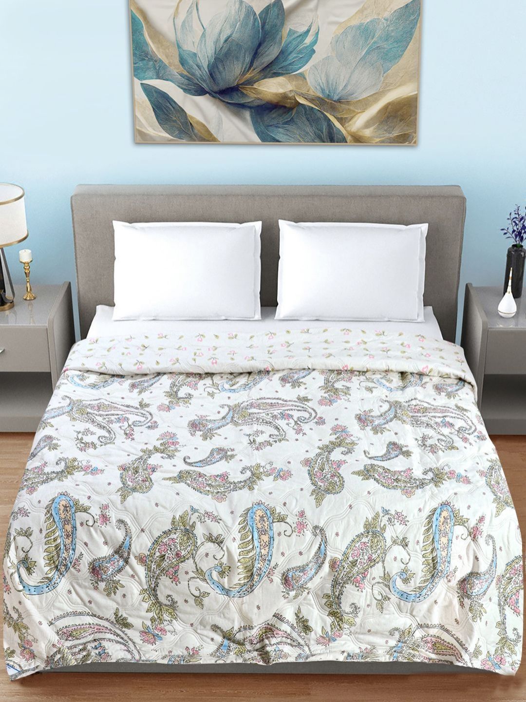 Myntra Elegant Homes White & Green Printed Quilted AC Room 350GSM Double Bed Comforter-picture-52