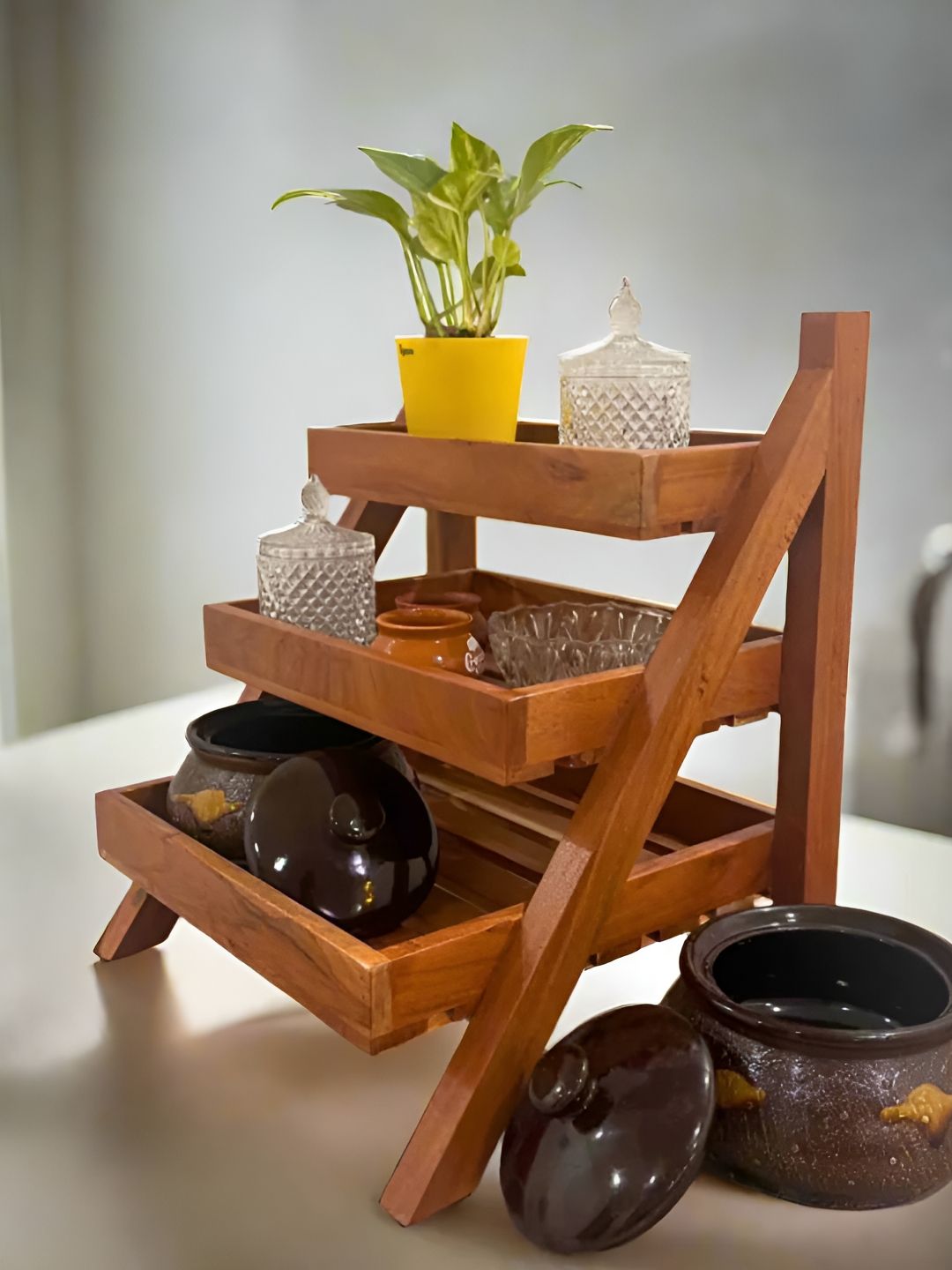 Orchid Homez Brown Vegetable Rack 3 Layer Wooden Core Organisers-image-19