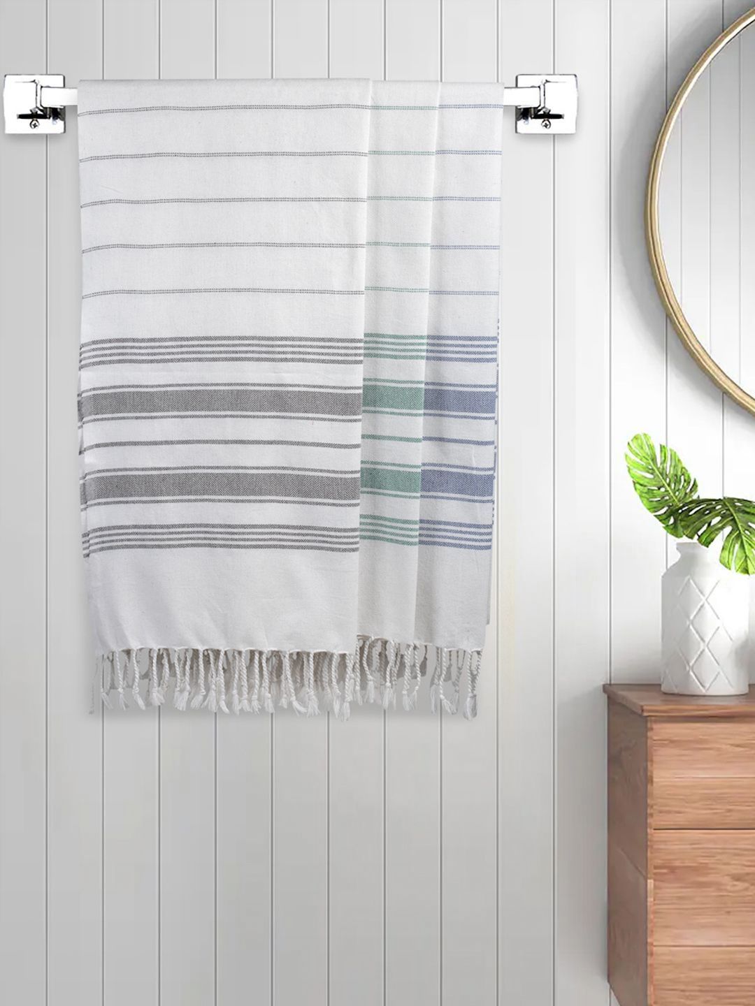 Myntra Elegant Homes Blue & White 3 Pieces Striped Cotton 225 GSM Bath Towel-image-19