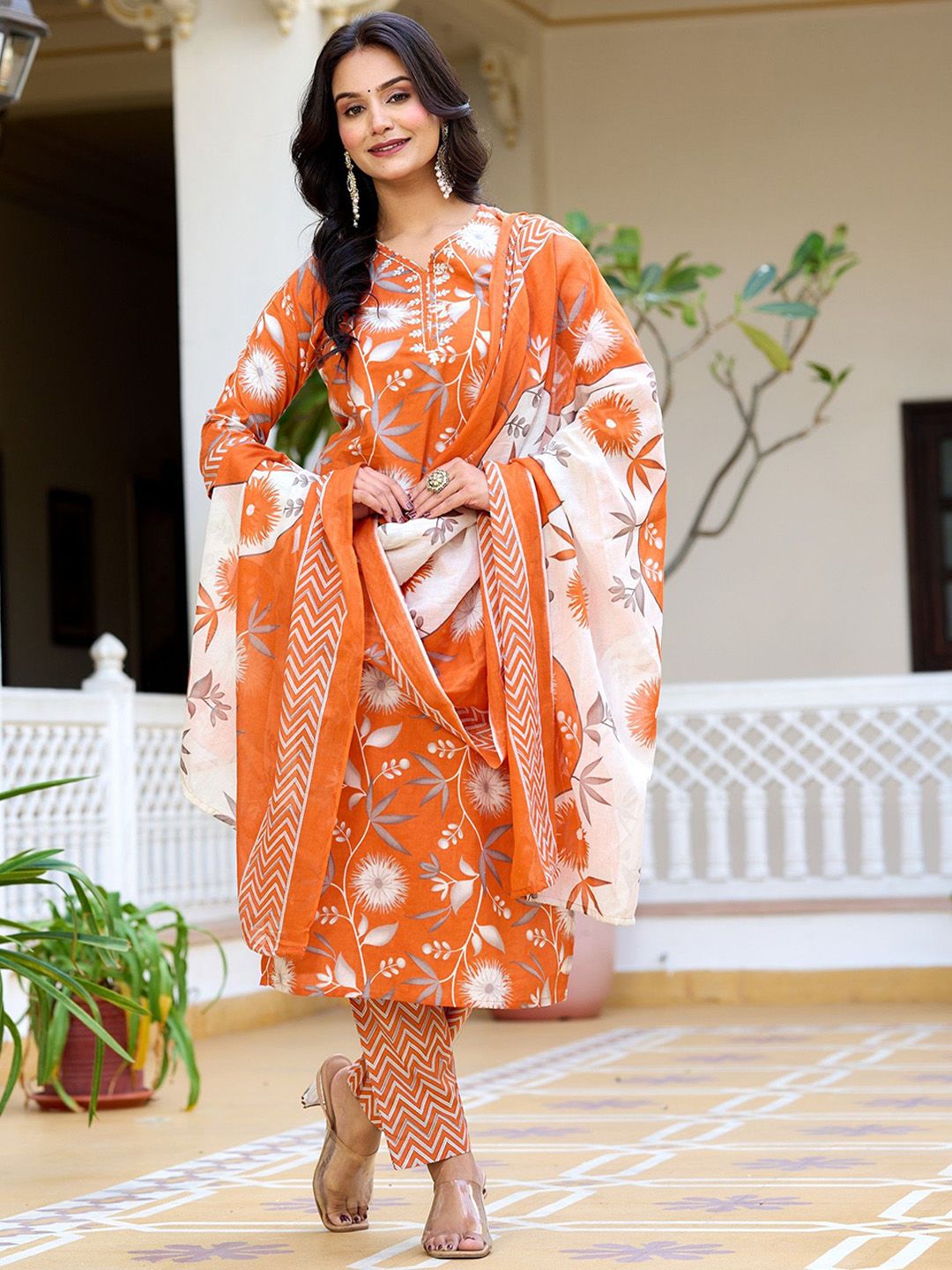 Floral Printed Pure Cotton Red Kurta With Trousers And Mulmul Dupatta